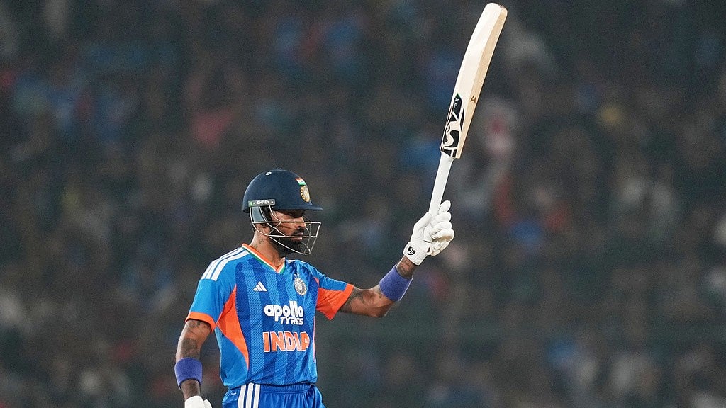 Hardik Pandya celebrates his half-century during the first T20 international cricket match between India and South Africa in Cuttack. - AP