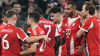 | Photo: AP/Matthias Schrader : Bayern Munich players celebrate after Jonathan Tah scored his side's third goal during the UEFA Champions League opening phase match against Sporting CP on December 9, 2025. 