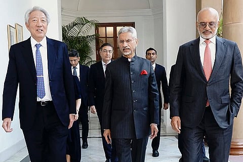 External Affairs Minister S. Jaishankar with Chairman of Temasek Holdings Teo Chee Hean (L) during a meeting, in New Delhi. 