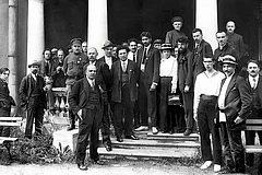 A Historic Gathering: Delegates to the second congress of the Comintern at the Uritsky Palace in Petrograd, including M.N. Roy, Vladimir Lenin, Maxim Gorky and Nikolai Bukharin