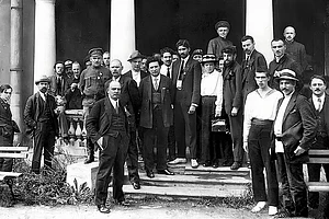 A Historic Gathering: Delegates to the second congress of the Comintern at the Uritsky Palace in Petrograd, including M.N. Roy, Vladimir Lenin, Maxim Gorky and Nikolai Bukharin
