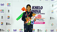 Special Arrangement  : Khoirom Rejiya Poses With Gold Medal After Securing 1st Position In Women's 3KM Cycling Pursuit 