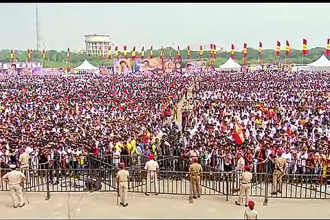 Supporters gather during TVK Chief Vijay's public rally, in Puducherry.