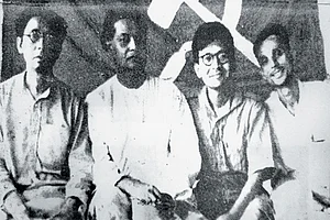 | Photo: Wikimedia Commons : Few and Far Between: (Left to right) Co-founder of the Communist Party of India Muzaffar Ahmed with Bankim Mukherjee, P.C. Joshi and Somnath Lahiri in 1937. There have been very few influential Muslims like Ahmed in the party’s top leadership