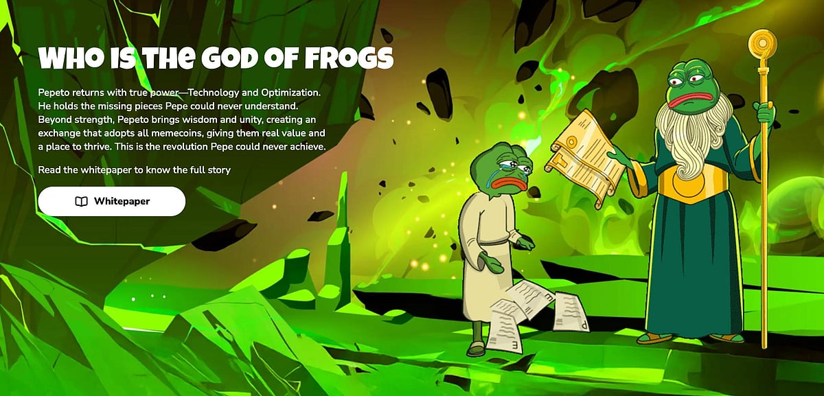 Cartoon frogs in a green landscape about the Pepeto cryptocurrency