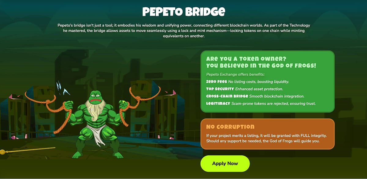Image of a muscular Pepe the Frog character standing on the Pepeto Bridge with token info.