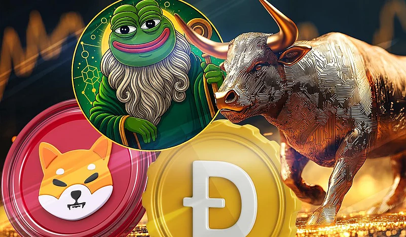 Pepe the Frog, golden bull, Shiba Inu, and Dogecoin crypto coins