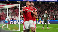 Benfica 2-0 Napoli LIVE Score, UEFA Champions League: Rios Gives Flying Eagles Lead At Estadio Da Luz | Photo: AP/Armando Franca : SL Benfica's Richard Rios celebrates with Franjo Ivanovic after scoring his side's first goal during the UEFA Champions League opening phase match against Napoli on December 10, 2025.
