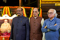 | Photo: PTI/Atul Yadav : Lok Sabha Speaker Om Birla, left, Congress MP Jairam Ramesh, right, BJP leader Subramanian Swamy at Samvidhan Sadan to pay tribute to former Home Minister C Rajagopalachari on his birth anniversary, in New Delhi.
