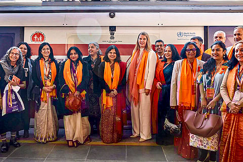 World Health Organisation Officer-in-Charge Catharina Boehme with Union Health Ministry members during a Delhi Metro campaign, in New Delhi. 