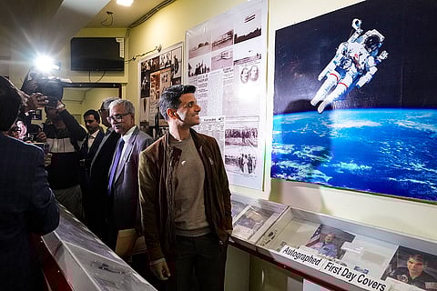 Indian astronaut Shubhanshu Shukla visits a museum at the Indian Centre for Space Physics, in Kolkata, West Bengal.