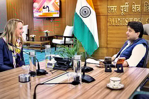 Union Minister of Communications and Development of North Eastern Region Jyotiraditya M Scindia meets Starlink Vice President Lauren Dreyer, in New Delhi. 