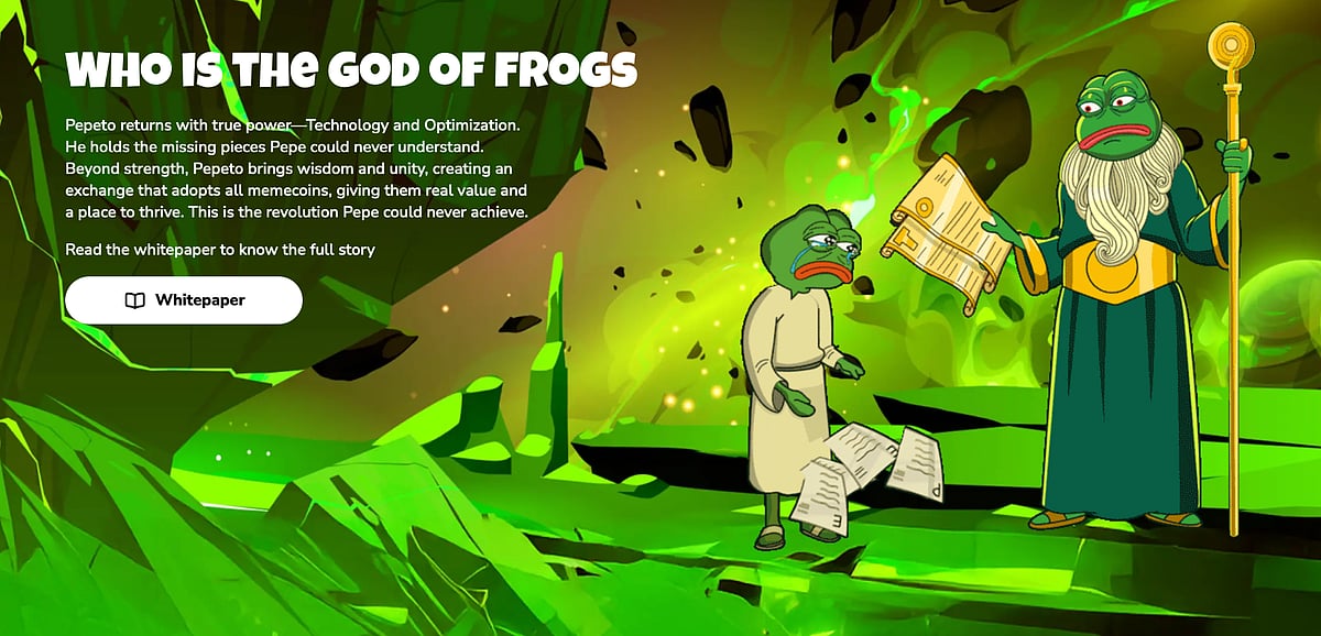 Cartoon frog characters in a green fantasy scene with text about the ‘God of Frogs.