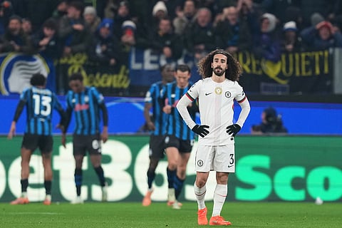 Chelsea's Marc Cucurella reacts after Atalanta's Charles De Ketelaere scored his side's second goal during the Champions League opening phase soccer match between Atalanta and Chelsea, in Bergamo, Italy.