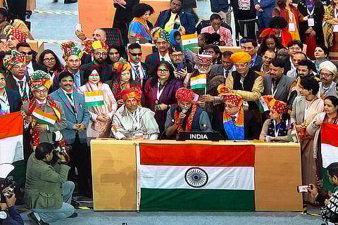 Union Minister of Culture and Tourism Gajendra Singh Shekhawat, center, and others during a celebration after Deepavali, the festival of lights, was inscribed on the UNESCO's Representative List of the Intangible Cultural Heritage of Humanity, sparking celebrations to mark the earning of the coveted tag. 