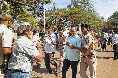 Police detain Maharashtra Ekikaran Samiti (MES) members during a protest over the Maharashtra-Karnataka border dispute, in Belagavi, Karnataka.
