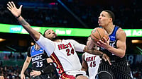 NBA Cup Wrap: Orlando Magic, New York Knicks Advance To Semi-Finals Desmond Bane #3 of the Orlando Magic draws a foul from Norman Powell #24 of the Miami Heat in the second half of a Emirates NBA Cup Quarterfinals game at Kia Center on December 09, 2025 in Orlando, Florida.