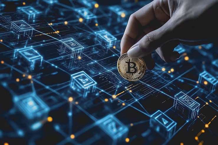 Assorted cryptocurrency coins, including Bitcoin and Ethereum, on a dark, reflective surface