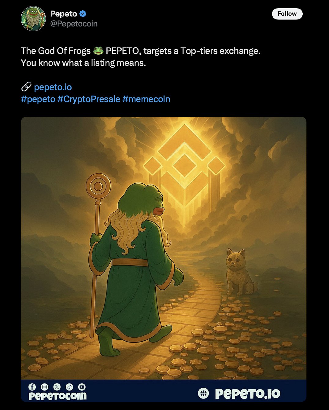 Pepeto social post showing frog mascot facing a glowing crypto exchange symbol