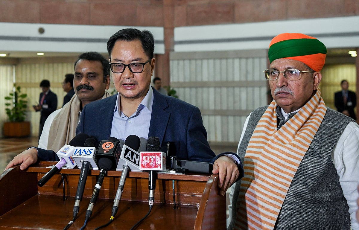 Union Minister for Minority Affairs and Parliamentary Affairs Kiren Rijiju addresses the media after attending the NDA Parliamentary Party meeting at Parliament Library Building, in New Delhi on Tuesday. Union Minister of State for Law & Justice Arjun Ram Meghwal also present. New Delhi Delhi India  - - ANI