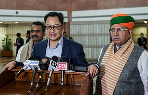 - ANI : Union Minister for Minority Affairs and Parliamentary Affairs Kiren Rijiju addresses the media after attending the NDA Parliamentary Party meeting at Parliament Library Building, in New Delhi on Tuesday. Union Minister of State for Law & Justice Arjun Ram Meghwal also present. New Delhi Delhi India