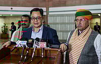 - ANI : Union Minister for Minority Affairs and Parliamentary Affairs Kiren Rijiju addresses the media after attending the NDA Parliamentary Party meeting at Parliament Library Building, in New Delhi on Tuesday. Union Minister of State for Law & Justice Arjun Ram Meghwal also present. New Delhi Delhi India 