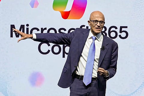 Microsoft CEO Satya Nadella addresses the gathering at an event, in New Delhi.