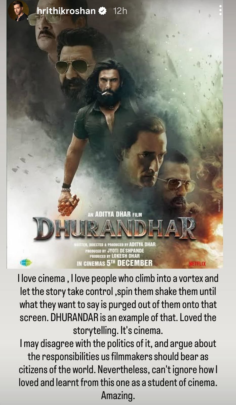 Hrithik Roshans post on Dhurandhar