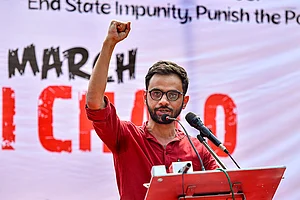 | Photo: PTI/Ravi Choudhary : In this file photo, activist Umar Khalid speaks during a demonstration against Citizenship (Amendment) Act (CAA), National Register of Citizens (NRC) and National Population Register (NPR) at Jantar Mantar, in New Delhi. Delhi court has granted interim bail to 2020 riots accused Umar Khalid to attend his sister's wedding.