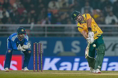 South Africa’s captain Aiden Markram plays a shot during the second T20 International cricket match of a series between India and South Africa, at Maharaja Yadavindra Singh International Cricket Stadium, in New Chandigarh.