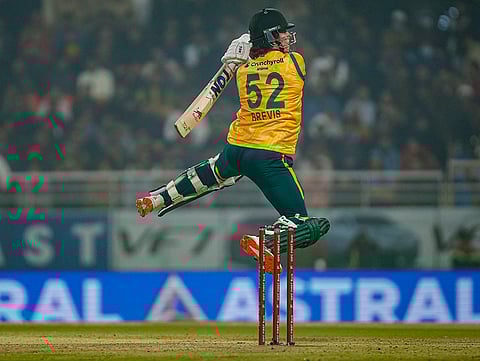 South Africa’s Dewald Brevis plays a shot during the second T20 International cricket match of a series between India and South Africa, at Maharaja Yadavindra Singh International Cricket Stadium, in New Chandigarh.
