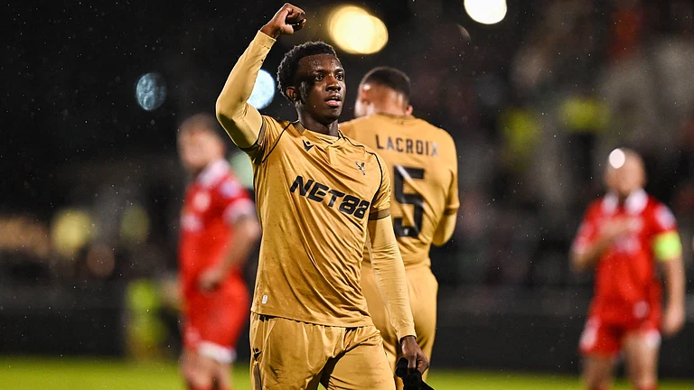 Eddie Nketiah celebrates his goal during the UEFA Conference League match against Shelbourne. - null