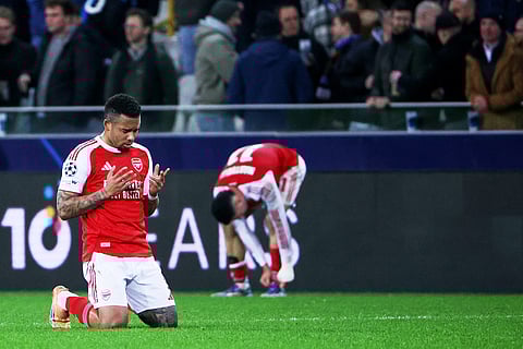 Arsenal's Gabriel Jesus, left, after his teams win during the Champions League opening phase soccer match between Club Brugge and Arsenal in Bruges, Belgium.