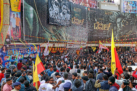 Fans of jailed Kannada actor Darshan Thoogudeepa celebrate the release of his new film 'The Devil', in Bengaluru. The actor is currently lodged in Ballari Central Prison in connection with the Renukaswamy murder case. 