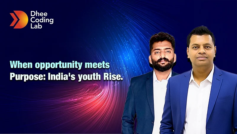 Two men in blue suits stand next to the Dhee Coding Lab logo and text about youth rising.