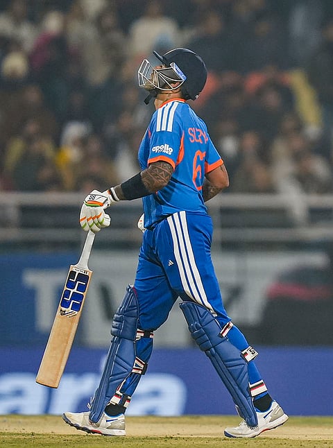India's captain Suryakumar Yadav returns to pavilion after his dismissal by South Africa's Marco Jansen during the second T20 International cricket match of a series between India and South Africa, at Maharaja Yadavindra Singh International Cricket Stadium, in New Chandigarh.