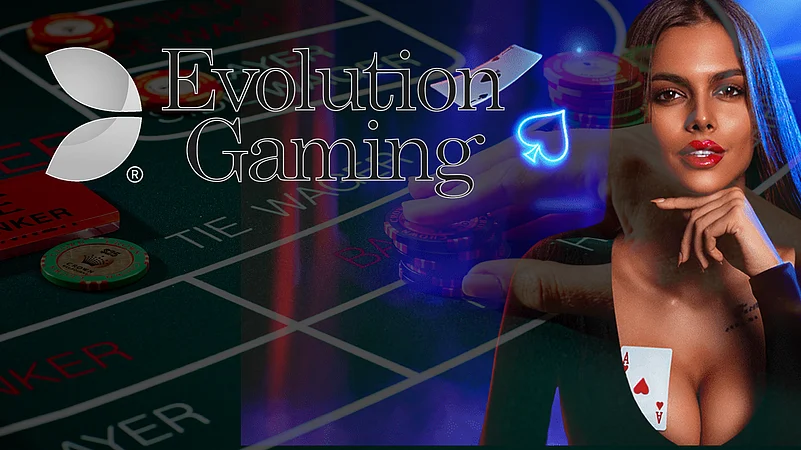 Evolution gaming logo with a woman in a black jacket
