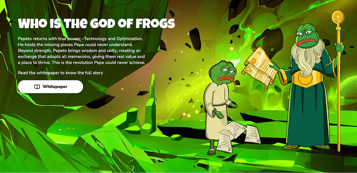 Cartoon image of two frogs, one robed and holding a scroll, under the title WHO IS THE GOD OF FROGS