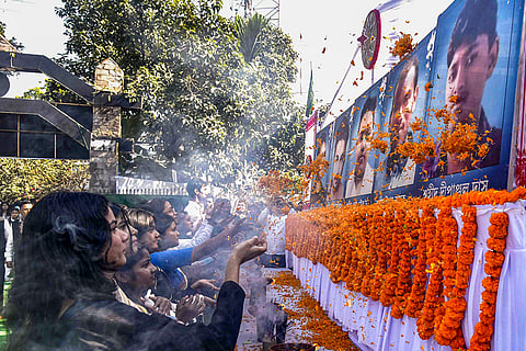 Students pay tribute to the five victims who died during the anti-CAA protests in 2019, in Guwahati.