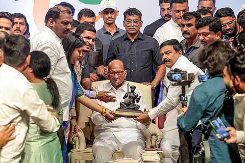 NCP (SP) leaders and workers gather to celebrate party chief Sharad Pawar's 85th birthday at the Y B Chavan Centre, in Mumbai.
