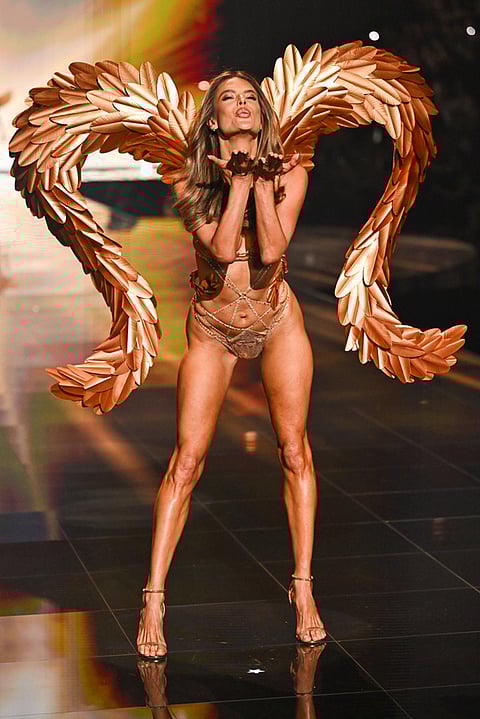 Alessandra Ambrosio blows a kiss on the runway of the Victoria's Secret Fashion Show in the Brooklyn borough of New York, Oct. 15, 2025. 
