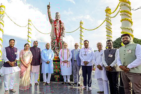 Union Home Minister Amit Shah, Andaman and Nicobar Island Lt. Governor Admiral Devendra Kumar Joshi (Retd.), Rashtriya Swayamsevak Sangh (RSS) chief Mohan Bhagwat and others during the unveiling of a statue of Vinayak Damodar Savarkar at a park at Beodnabad, in Sri Vijaya Puram, in South Andaman district. 