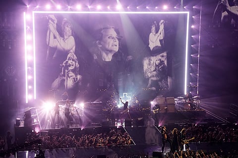 Yungblud, Steven Tyler, and Joe Perry perform a tribute to Ozzy Osbourne during the MTV Video Music Awards at UBS Arena in Elmont, N.Y., Sept. 7, 2025. 