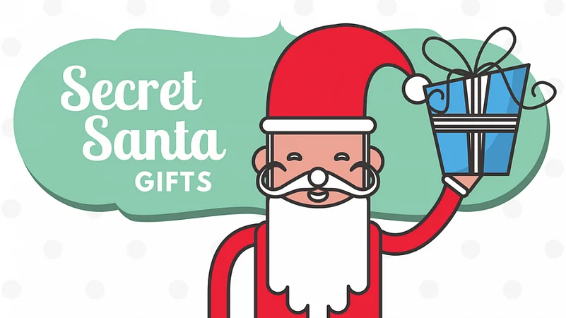 A cartoon Santa Claus holding up a wrapped blue gift box next to the words Secret Santa Gifts.