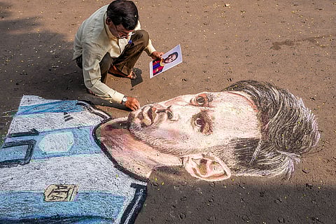 Artist Swapan Kumar Das draws a portrait of Argentine footballer and 2022 FIFA World Cup winning captain Lionel Messi ahead of his visit, in Kolkata, West Bengal. Messi's long-awaited return to India, after a magical maiden visit back in 2011, will be high on glitz but low on actual football, promising a spectacle that may not recapture the raw sporting frenzy that once shook the Salt Lake Stadium.