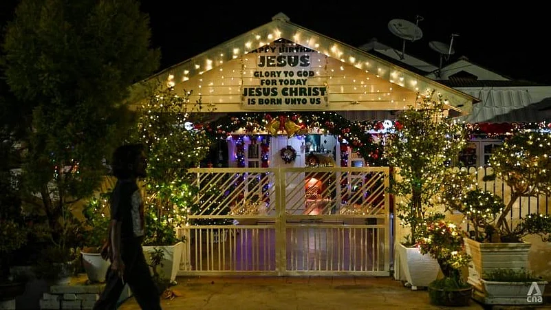 Christmas decorated building at night