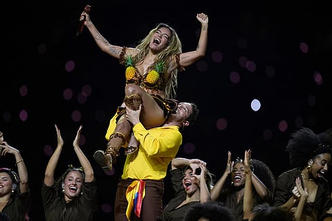 Karol G performs during halftime at an NFL football game between the Kansas City Chiefs and the Los Angeles Chargers, in Sao Paulo, Sept. 5, 2025. 