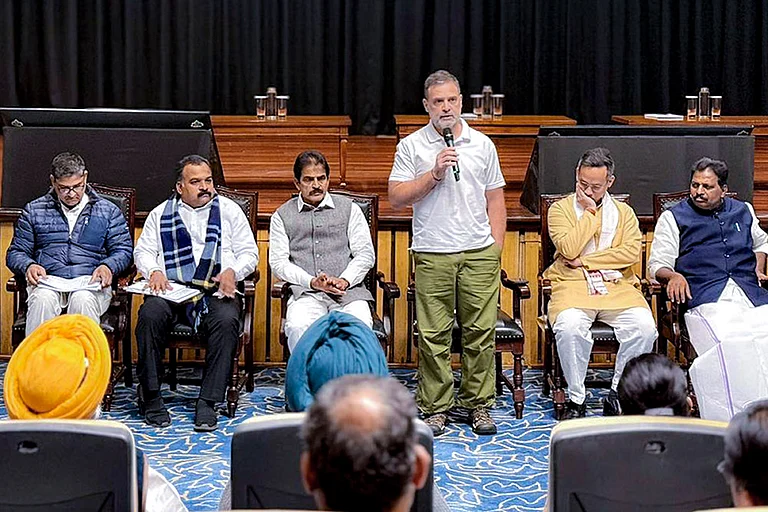 In this image, Leader of Opposition in the Lok Sabha and Congress leader Rahul Gandhi chairs a review meeting of the party's Lok Sabha MPs, at Parliament House Annexe, in New Delhi. Congress MPs KC Venugopal, Gaurav Gogoi and K Suresh are also seen. - | Photo: @INCIndia/X via PTI