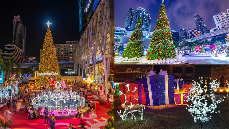 Outdoor Christmas decorations at night in a city