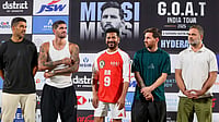 Lionel Messi GOAT India Tour 2025: What Happened During Argentina Legend's Visit To Hyderabad After Kolkata Chaos? AICC via PTI Photo : Leader of Opposition in the Lok Sabha Rahul Gandhi and Telangana Chief Minister Revanth Reddy with Argentine footballer and 2022 FIFA World Cup winning captain Lionel Messi and his Inter Miami teammates Rodrigo De Paul and Luis Suarez during an event as part of the 'GOAT India Tour 2025', in Hyderabad.